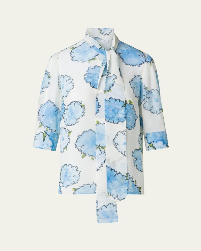 Tie-Neck Carnation Print Silk Chiffon Blouse